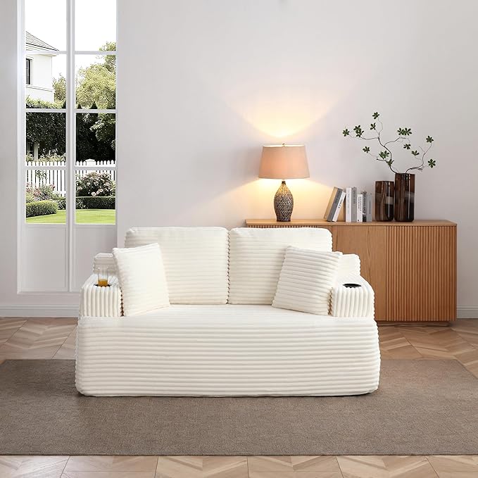 Floor Loveseat Boneless Sofa Couch in a Box with Cup Holder and Side Pockets, Corduroy Upholstered 2 Seater Cloud Foam Sofa with Deep Seating for Living Room, No Assembly | Breathable material, Cupholders