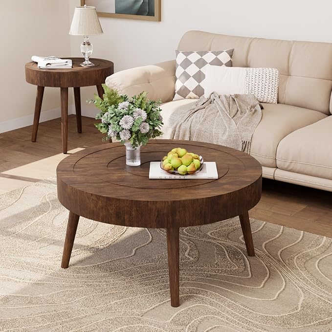 COSIEST Round Coffee Table Set of 2, Nesting Tables with Circle Pattern, Modern End Table for Living Room, Farmhouse, Brown