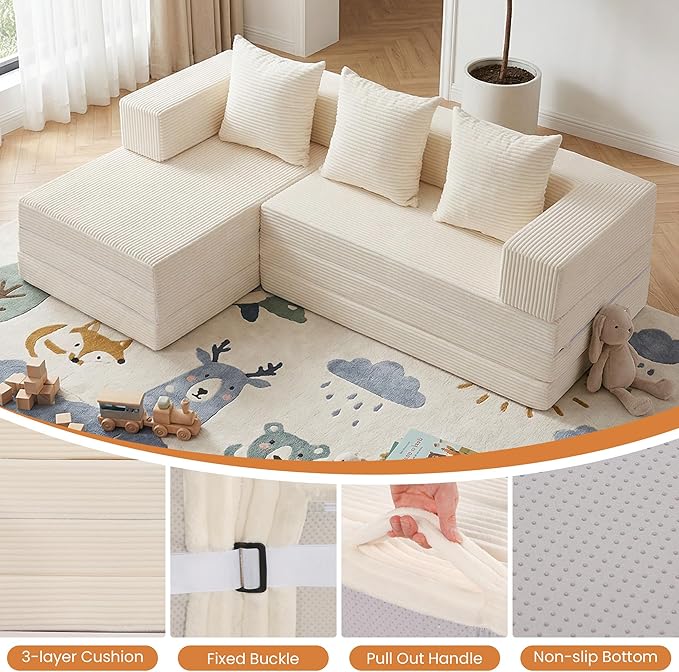 Modular Sectional Sofa, Boneless Convertible Oversized Sleeper Sofa Bed, Modern Tri-Folding Cloud Couch with L-Shape Chaise, Corduroy Futon Couches for Living Room Small Spaces Apartment,No Assembly