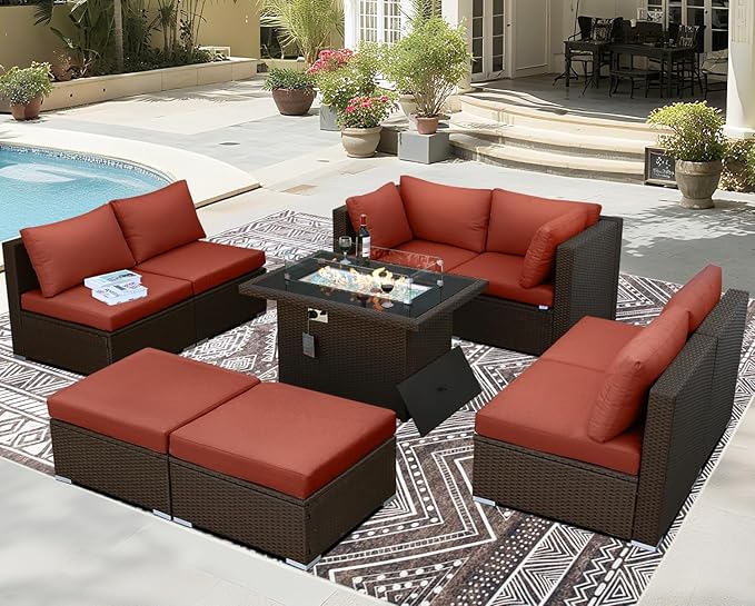 BULEXYARD 9 Piece Highback Patio Furniture Set with Fire Pit Table, Modern Modular Outdoor Sectional Couch Sofa with Ottoman, 8-Person Backyard Seating for Outside, Deck, Brown Wicker & Red Cushion