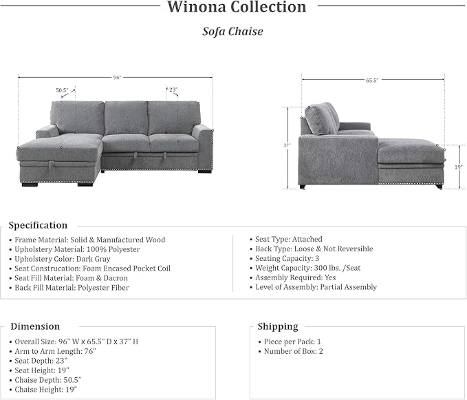 Lexicon Mid Century Modern Sectional Sleeper Sofa Bed Couch with Storage Chaise, Sectional Sofa Pull Out Couch Bed, Sectional Couch Lounge Sofa for Living Room Apartment, Left Side Chaise, Gray