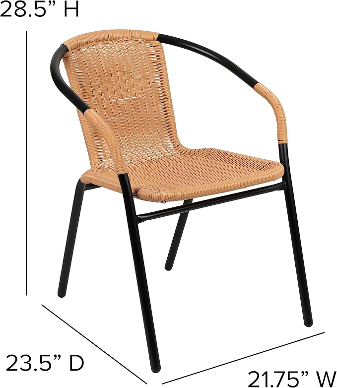 EMMA + OLIVER Set of 4 Modern Rattan Indoor/Outdoor Stack Chairs, Stacking Rattan Patio Chairs with Curved Back and Cross Bracing, Beige - Image 2