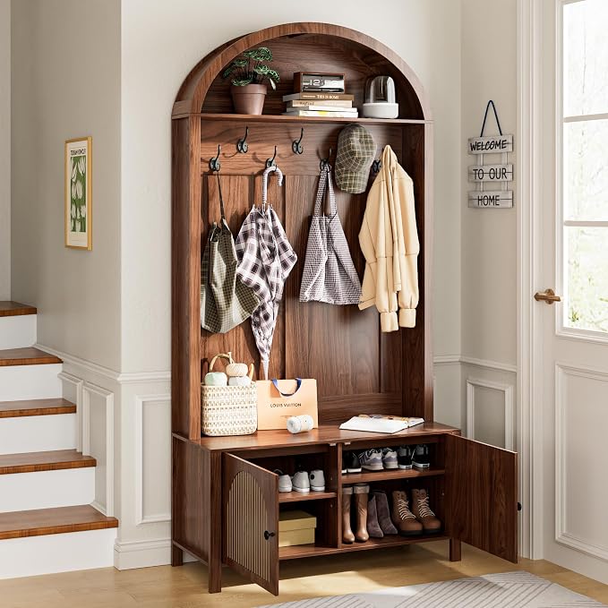 Hall Tree with Bench and Shoe Storage, Entryway Storage Bench with Coat Rack, 78.74" Coat Rack with 7 Hooks and Adjustable Shelves, Farmhouse Style Furniture Organizer for Hallway (Walnut, 78.74"H) - Image 7