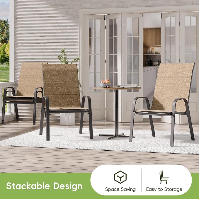 Patio Chairs Set of 2, Outdoor Dining Chairs Stackable for All Weather, Breathable Metal Modern Outside Furniture Chair for Pool Side, Garden, Backyard Deck, Brown - Image 5