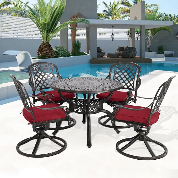 Cast Aluminum Outdoor Patio Dining Set, All Weather Outdoor Furniture Dining Set for Patio, Balcony, Lawn, Garden, Backyard (1 Round Table+4 Red Swivel Dining Chairs) - Image 2