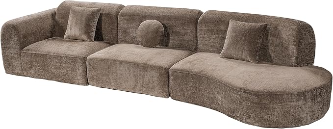 Christopher Knight Home Grelyn 140" Modular Sectional Sofa Couch, Wool Fabric Boneless Cloud Couch, Fully Compressed Home Sofa Living Room, 3-Piece Lounge Sofa with Chaise, Fully Assembled, Brown