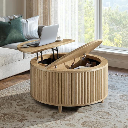 Evermagin 31.5'' Walnut Round Coffee Table, Fluted Lift Top Coffee Table with Large Storage, Mid Century Modern Small Center Table for Living Room