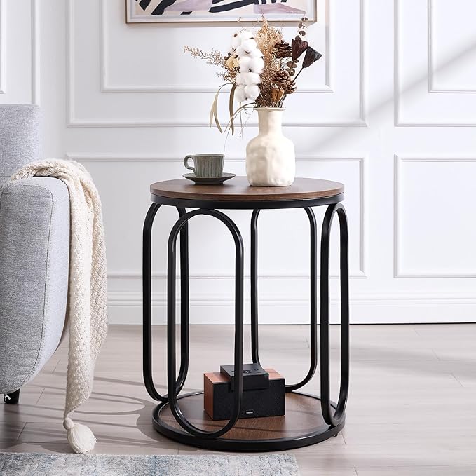 BECHAEO Small Side Table, 19.7" 2-Tier Round Bedside Table with Storage, Wood Industrial Design End Tables for Living Room, Bedroom, Office, Bathroom, Classic Walnut