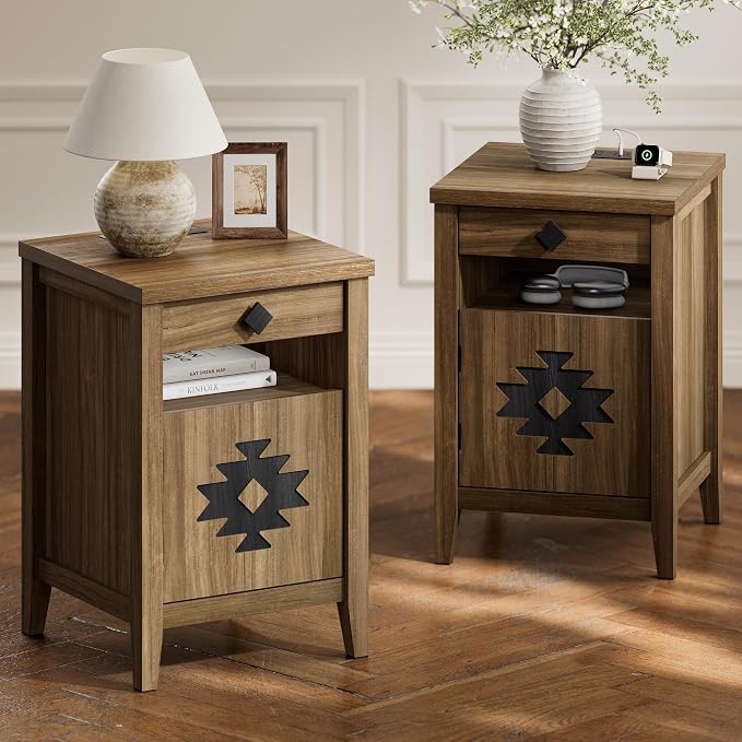 Night Stand Set of 2 with Charging Station and Drawers for Small Space,Wood Nightstand with Storage Cabinet & Drawer & Shelf,Modern and Farmhouse Nightstand for Bedroom,Walnut by Unknown