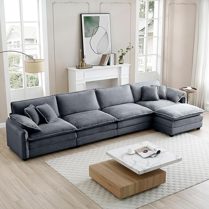 KEIKI 150" L-Shaped Oversized Corduroy Modular Sectional Sofa with 1 Ottoman, High-Density Foam Cushions, Removable Armrests, Upholstered 4-Seater Corner Couch with 6 Pillow, for Living Room, Grey
