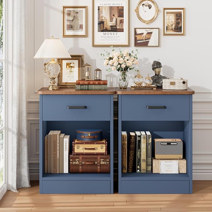 FOTOSOK Nightstand, 2-Tier Side Table with Drawer and Storage Shelf, Bedside Table End Table, Modern Night Stand for Bedroom, Home Office, Blue - Image 5