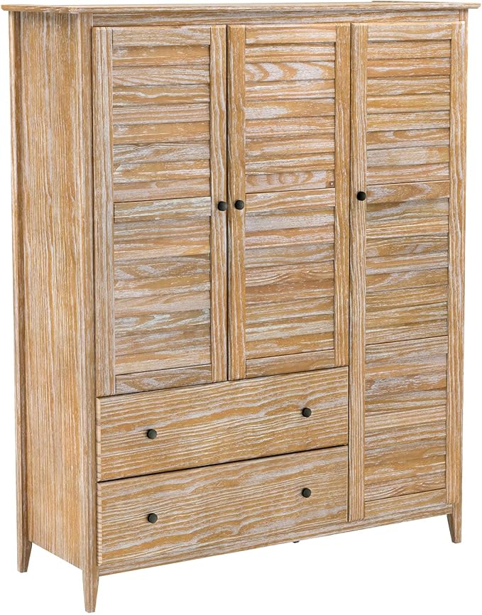 Grain Wood Furniture Greenport 3-Door Wardrobe, Solid Wood with Brushed Driftwood Finish