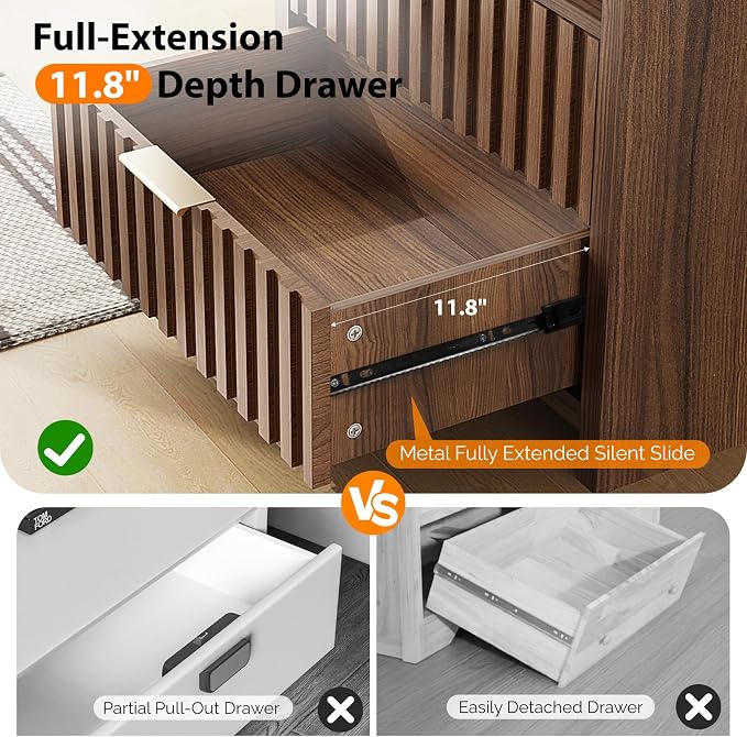 VINGLI Fluted Nightstand Set of 2 with Charging Station, 23.6" W Mid Century Modern Nightstand for Bedroom, 2 Drawer Bedside Table, End Tables Bedroom, Wood Side Table, Brown - Image 5