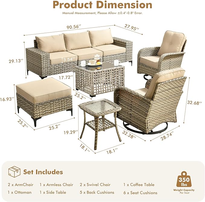 Patio Furniture Set, 8 Pieces Outdoor Wicker Conversation Sets with 2 Wicker Rocking Chair & Coffee Table Outdoor Sectional Sofa for Balcony Backyard Poolside Garden Lawn (Beige)