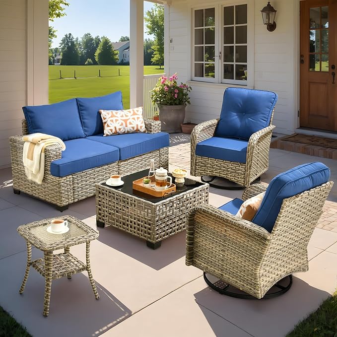 ovios 6 Piece Patio Sectional Furniture with Swivel Rocking Chairs, Rattan Wicker Coversation Set with Glowing Coffee Table, Outdoor Sofa Set for Outside Porch Balcony Backyard Pool, Navy Blue