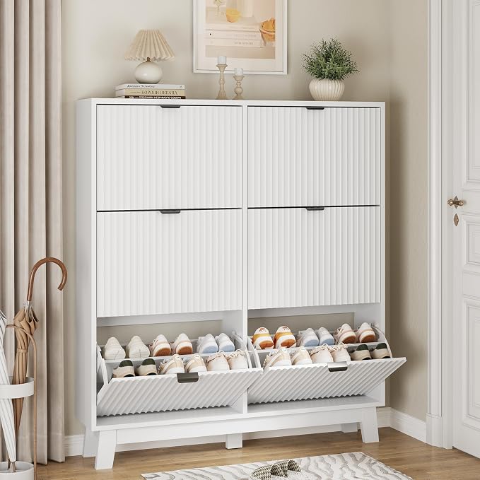 Xixini Shoe Cabinet with 6 Flip Drawers, 54" Tall Narrow Fluted Shoe Storage Organizer for Entryway, Hidden Slim Wooden Shoe Rack Cabinet for Front Door Entrance, Hallway, Living Room, Solid White by Xixini