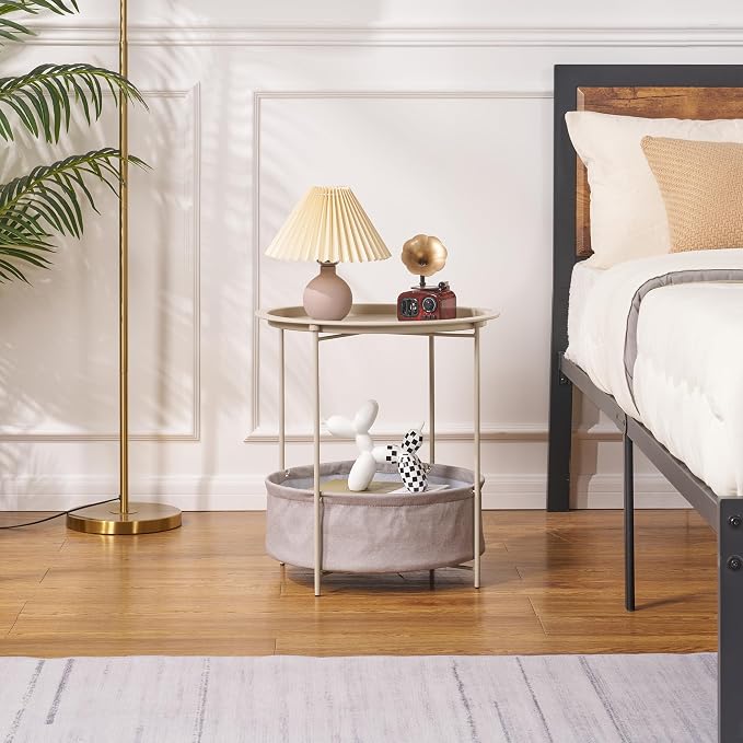 VECELO Round Side/End Table with Fabric Storage Basket，Metal Anti-Rust and Waterproof Small Bedside Nightstand with Removable Tray Top for Living Room，Balcony & Laundry，Grey /2pcs with Basket - Image 6