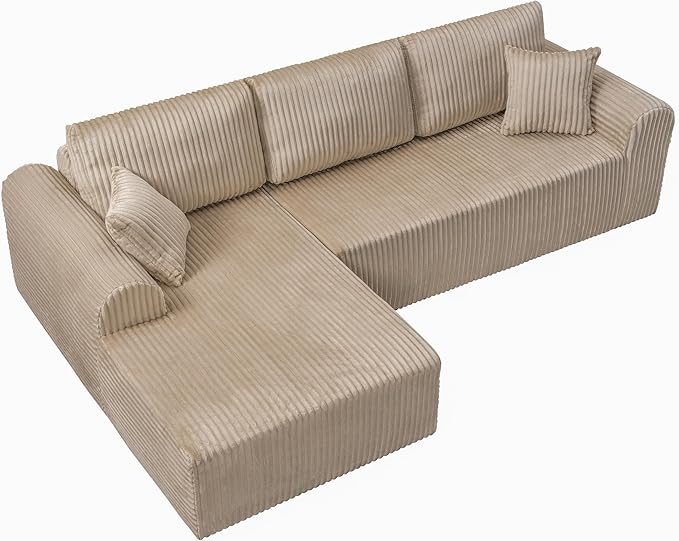 109-Inch L-Shaped Left Facing Boneless Corner Sofa 2 PCS Modular Sectional Cloud Sofa Couch with Chaise Lounge and Toss Pillow, Corduroy Boneless L-Shaped Couches
