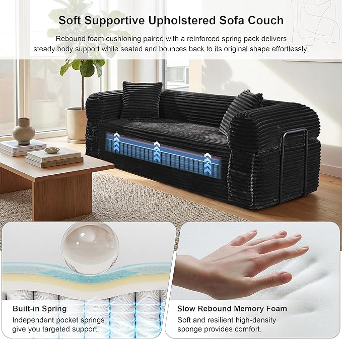 83'' Boneless Couch in A Box, No Assembly Needed Sofa Bed Couch 3 Seater Corduroy Modern Cloud Sofa 29'' Deep Seat with 2 Pillows & Removable Backrest for Living Room, Bedroom, Apartment, Black | No Assembly Needed, High Density Foam, Removable Backres...
