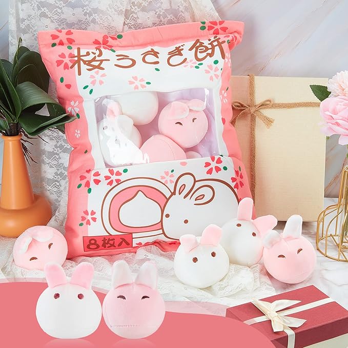 Civaner Kawaii Bunny Plush Pillow Cute Room Decor Cherry Blossom Throw Pillow Pink Removable Stuffed Animal Fluffy for Easter Home Birthday Spring Sakura Gifts Bag