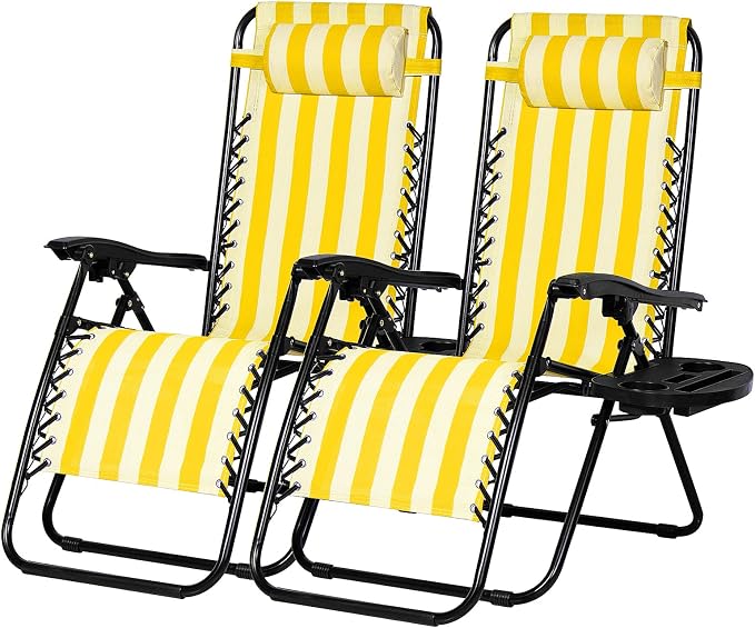 Nazhura Set of 2 Relaxing Recliners Patio Chairs Adjustable Steel Mesh Zero Gravity Lounge Chair Beach Chairs with Pillow and Cup Holder (Yellow Stripe) by NazhuraGoodCompanionAtHome