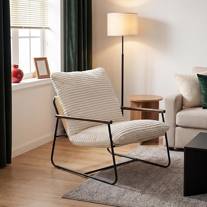 COSIEST Accent Chair for Living Room, Modern Ribbed Upholstered Armchair with Wood Arms, Comfy Lounge Chair with Black Metal Frame, Large Reading Chair for Bedroom, Office, Small Space, White