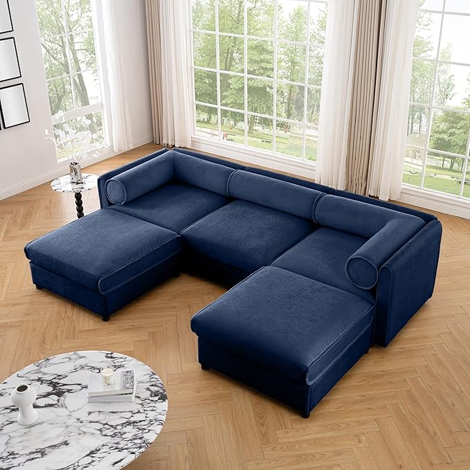 KEIKI 109" U-Shaped Modular Chenille Sectional Sofa with Storage Seat, 2 Ottoman, Modern 3-Seater Couch with Cylindrical Backrest and Armrests, Easy Assembly, for Apartment, Living Room, Blue