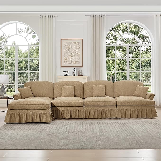 KEIKI Mid Century Modular Sofa with Flared Arms and Skirted Design, 137“ Oversized 4-Seater with Ottoman Luxury Chenille L-Shaped Sectional Couches for Living Room, Chaise Lounge Indoor, Light Coffee