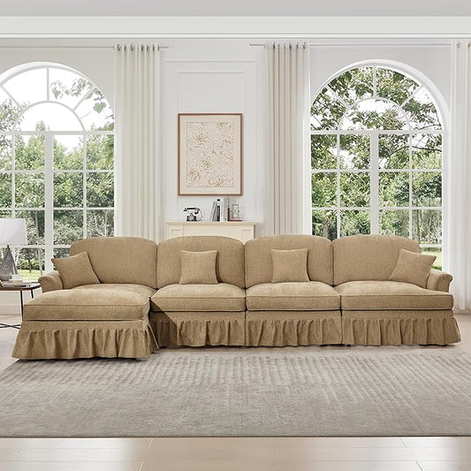 KEIKI Mid Century Modular Sofa with Flared Arms and Skirted Design, 137“ Oversized 4-Seater with Ottoman Luxury Chenille L-Shaped Sectional Couches for Living Room, Chaise Lounge Indoor, Light Coffee