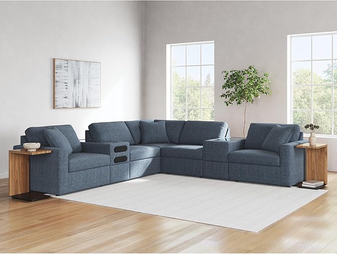 Signature Design by Ashley Modern Modmax Stain Resistant L-Shape Symmetrical 7-Piece Balanced Sectional with Audio and Storage Consoles, Dark Blue