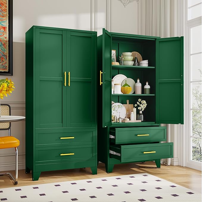 GAIOUS Steel Pantry Cabinet, 71" Metal Storage Cabinets with 2 Doors, 2 Adjustable Shelf and 2 Drawers, Freestanding Storage Cabinet for Bedroom, Kitchen, Home Office (Green)