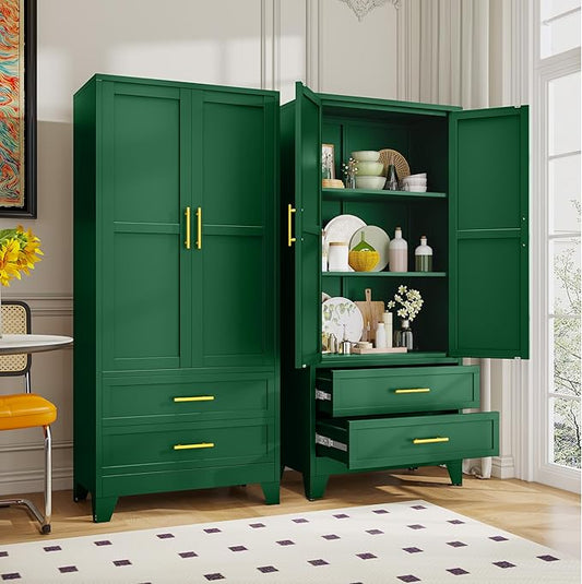 GAIOUS Steel Pantry Cabinet, 71" Metal Storage Cabinets with 2 Doors, 2 Adjustable Shelf and 2 Drawers, Freestanding Storage Cabinet for Bedroom, Kitchen, Home Office (Green)