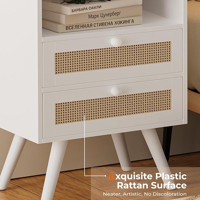 SUPERJARE 2 Drawer Night Stand with Charger Station, Boho Rattan Nightstand Set of 2, 25.2 Inch Tall Bed Side Table with Solid Wood Feet, End Table, Open Storage, Synthetic Rattan, for Dorm, White - Image 6