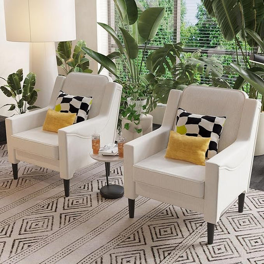 Ribilake Cream Accent Chair Set of 2 - High Back Upholstered Armchair, Comfy Living Room Arm Chair, Reading Accent Chairs for Bedroom, Apartment, Office, Single Sofa with Wood Legs