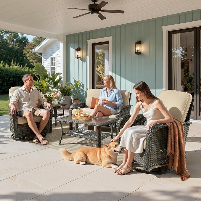 5 Pieces Wicker Patio Furniture Set, High Back Swivel Rocker Chairs Outdoor Loveseat Sofa and Rattan Coffee Table, Outdoor Conversation Sets for Porch Deck Backyard Poolside, Beige