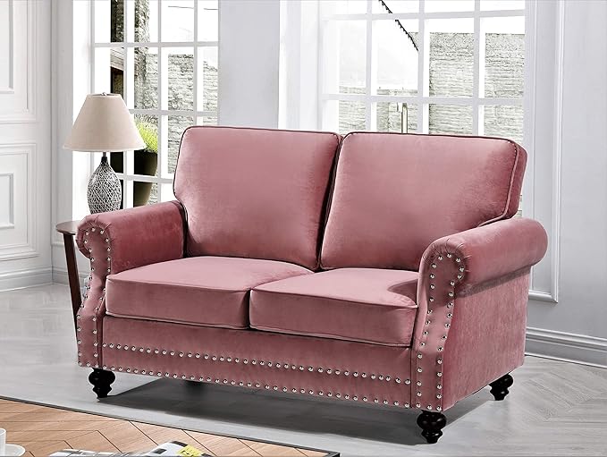 Lotus Mid Century Modern Velvet Upholstered Living Room Rolled Arms, Loveseat, Rose
