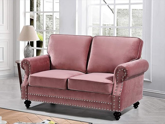 Lotus Mid Century Modern Velvet Upholstered Living Room Rolled Arms, Loveseat, Rose