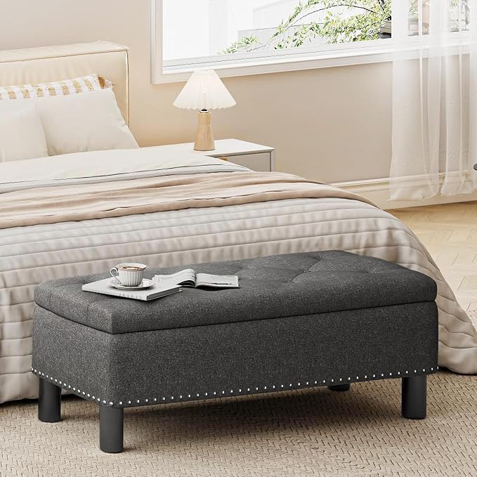 Furniliving Ottoman Bench with Storage, Folding Storage Ottoman Bench with Wood Legs, Upholstered Bedroom Bench with Button-Tufted, Entryway Bench Storage Bench for Bedroom, Linen (Darkgrey) by FurnilivingFurnitureforHome
