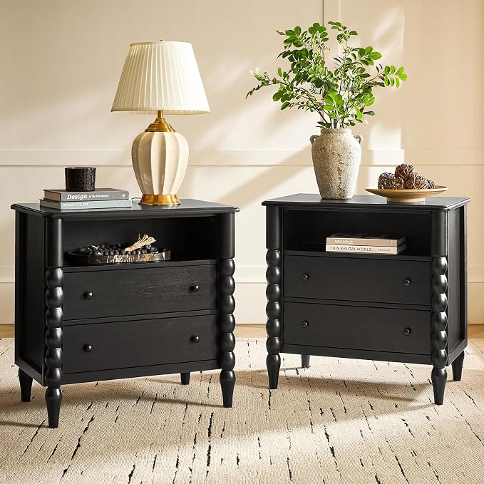 HULALA HOME Farmhouse Storage End Table Set of 2 with Spindle Columns, 2 Drawers and Open Shelf Side Table, Solid Wood Fluted Side Table with Charging Station, Black by HULALAHOME