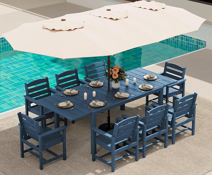 SERWALL 10-Piece Patio Dining Sets with 15FT Patio Umbrella, 60" - 83" Expandable Outdoor Dining Table and 8 HDPE Chairs, All Weather HDPE Outdoor Furniture Set (Umbreall Base not Included) by SERWALL