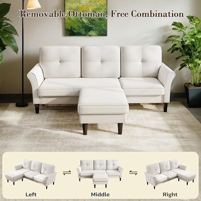 Sofas for Living Room, 83" Velvet Sectional Couch with Moveable Ottoman, Midcentury Modern Small Sectional Couch, L Shape Sofa & 3 Seater, Couches for Living Room, Apartment, Bedroom, Beige
