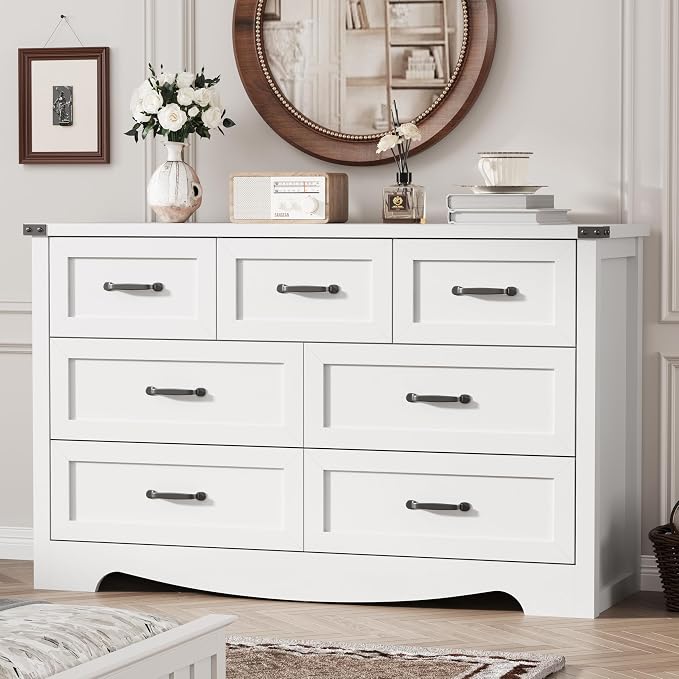 Dresser for Bedroom with 7 Drawers, 58" Wide Wood Chest of Drawers with Deep Drawers & Mental Handle, Modern Dresser TV Stand, Wooden Closet Storage Organizer for Living Room, Hallway, Entryway, White by Xixini