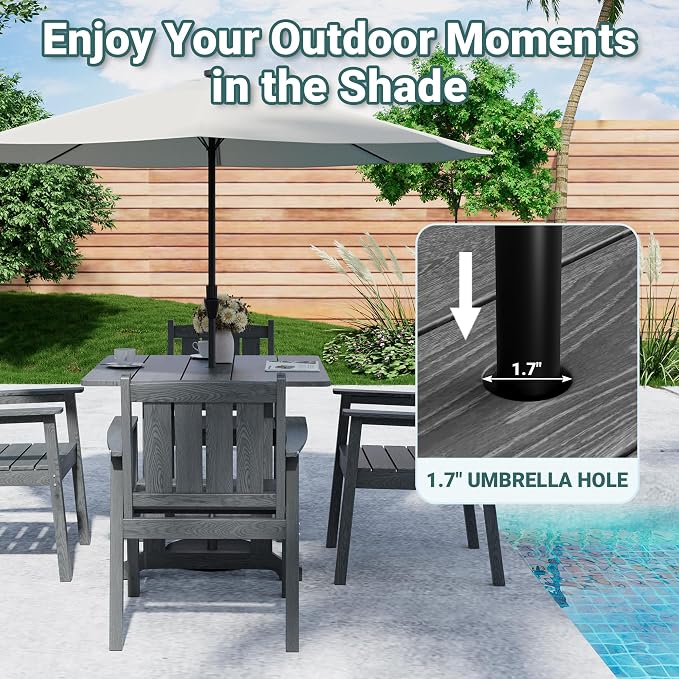 Pamapic 5 PCS Outdoor Dining Set, Spacious HDPE Outdoor Table and Chairs, Wood Grain Patio Furniture Sets with Elegant Armrest, All-Weather Patio Dining Table with Umbrella Hole, Gray - Image 2