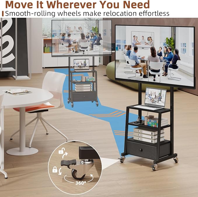 AFLUI Rolling TV Stand with Wheels and Mount & Fabric Drawer - Entertainment Center with Power Outlet and Small TV Stand for Bedroom, Living Room - 15" Black - Image 3