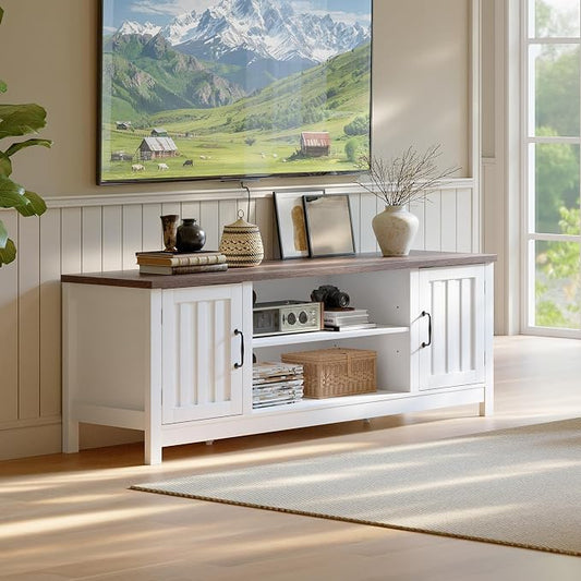 ChooChoo 54" Farmhouse TV Stand for TVs up to 65 inches, Entertainment Center with Storage Cabinets, Open Shelves and Fluted Door, TV Console Table for Living Room, Bedroom, White by ChooChoo