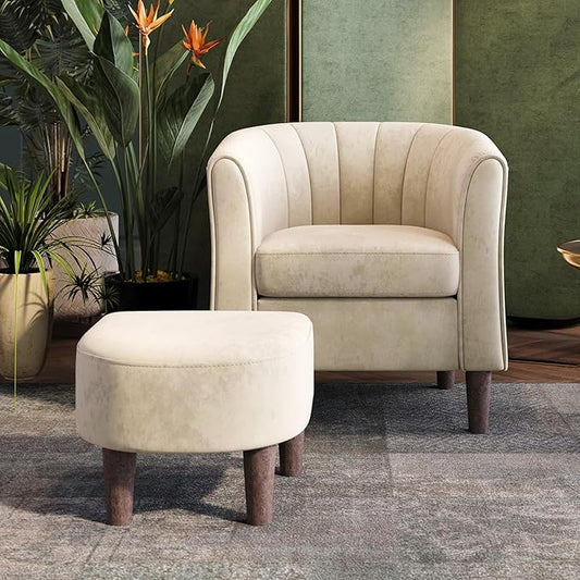 LINSY Small Accent Chair with Ottoman, Modern Barrel Chair Comfy Armchair Reading Chair with Footrest, Small Round Arms Chair for Living Room Bedroom Reading Room, Velvet, Beige