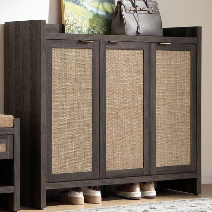 SICOTAS Shoe Storage Cabinet, 30 Pairs Rattan Shoe Cabinet Storage for Entryway, 6-Tier 41" Tall Large Shoe Cabinet, Boho Farmhouse Cabinet with Doors for Entryway Hallway Living Room, Black Oak by SICOTAS
