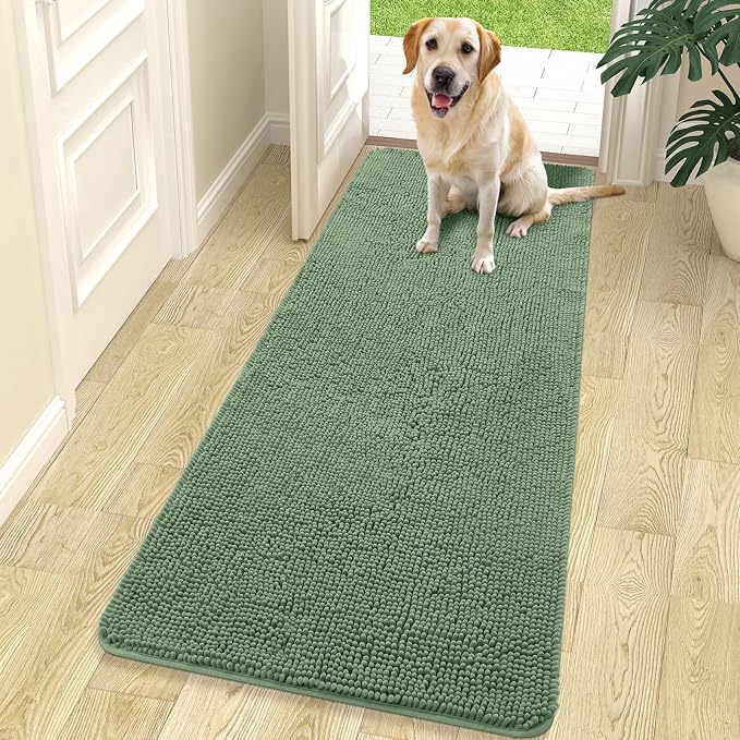 OLANLY Dog Door Mat for Muddy Paws 70x24, Absorbs Moisture and Dirt, Absorbent Non-Slip Washable Doormat, Quick Dry Chenille Mud Mat, Entry Indoor Entryway Carpet for Inside Floor, Olive Green by OLANLY