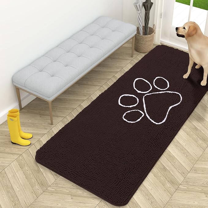 OLANLY Dog Door Mat for Muddy Paws 59x24, Paw Print Design, Absorbs Moisture and Dirt, Absorbent Non-Slip Washable Doormat, Quick Dry Chenille Mud Mat for Dogs, Entry Indoor Entryway Carpet, Brown by OLANLY