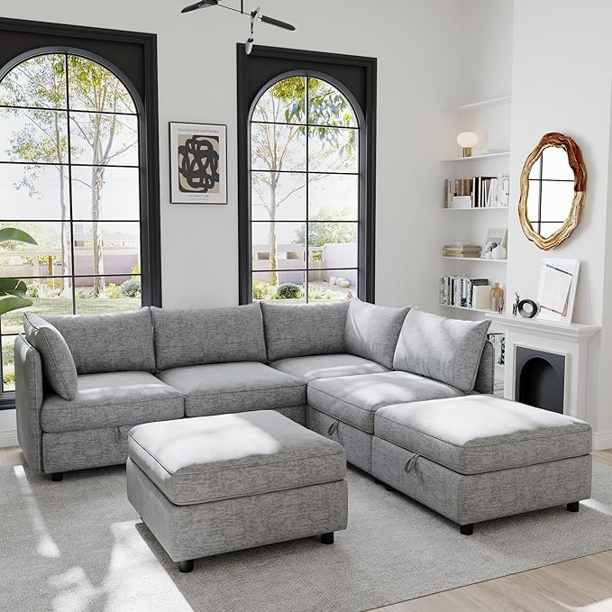 Oversized Modular Storage Sectional Sofa Customizable Seating Group Sofa&Couch Convertible Sleeper Sofabed with Movable Ottomans and Seat, U-Shaped Chenille Upholstered Sofa Couch for Living Room